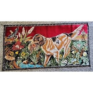 VTG Pointer Dog Bird Hunt Scene Tapestry Rug Rayon Cotton 38x20" Man Cave Cabin